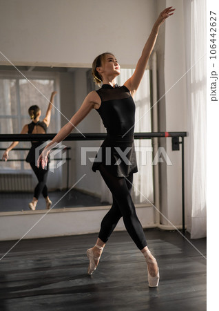 A beautiful Asian ballerina is training in a dance class. Vertical photo. A beautiful Asian ballerina is training in a dance class. Vertical photo. 106442627