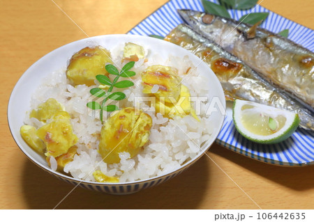 炊き立ての栗ご飯と焼きサンマ（秋の味覚イメージ） 106442635