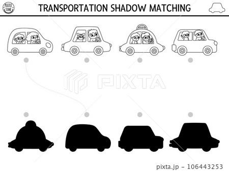 Transportation black and white shadow matching activity. Transport line puzzle with cute cars, taxi, drivers. Find correct silhouette printable worksheet, game. Funny coloring page for kids 106443253