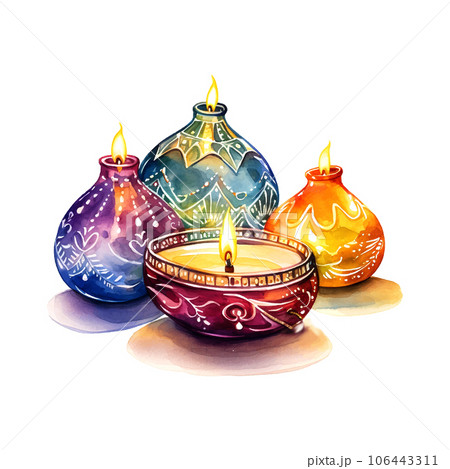 Diwali oil lamps watercolor on white background clipart Diwali oil lamps watercolor on white background clipart 106443311