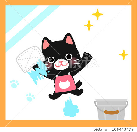 雑巾で窓を拭く猫のキャラクター 106443475