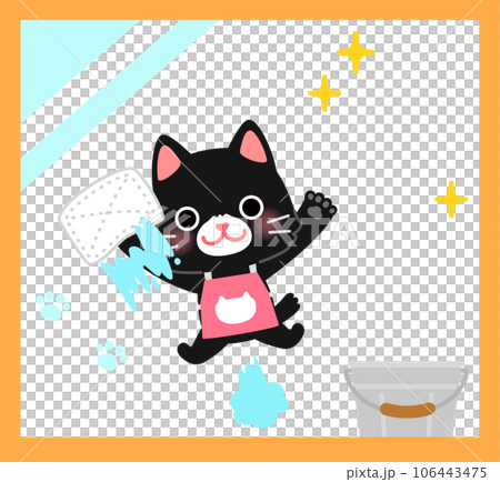 雑巾で窓を拭く猫のキャラクター 106443475