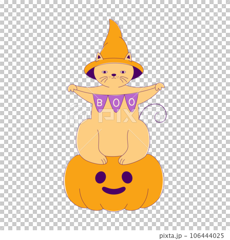 Lined Halloween Cat sits on Pumpkin holds Bunting Flags, Cartoon Character Lined Halloween Cat sits on Pumpkin holds Bunting Flags, Cartoon Character 106444025