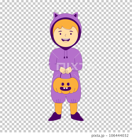 Lined Kid in Halloween Cat Costume with Pumpkin Bucket, Cartoon Character Lined Kid in Halloween Cat Costume with Pumpkin Bucket, Cartoon Character 106444032