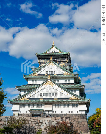 秋晴れの空と紅葉に彩られた大阪城天守閣（大阪府大阪市） 106444241