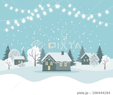 Winter landscape with cute houses, trees and holiday lights, Merry Christmas greeting card template. Illustration in flat style. Vector Winter landscape with cute houses, trees and holiday lights, Merry Christmas greeting card template. Illustration in flat style. Vector 106444284