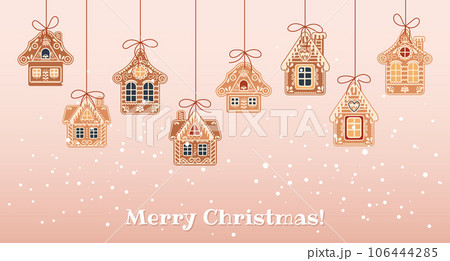 Christmas background with hanging cute gingerbread houses in the snow, greeting card template. Illustration in flat style. Vector Christmas background with hanging cute gingerbread houses in the snow, greeting card template. Illustration in flat style. Vector 106444285