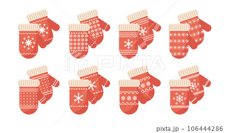 Winter mittens with snowflake ornament, set. Winter clothes and accessories. Icons, vector Winter mittens with snowflake ornament, set. Winter clothes and accessories. Icons, vector 106444286
