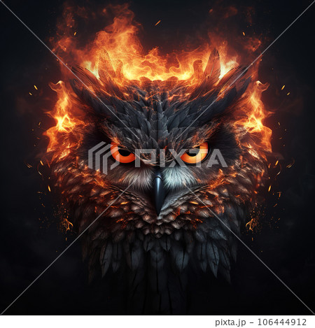 Image of angry an owl face and flames on dark background. Wildlife Animals. Illustration, Generative AI. Image of angry an owl face and flames on dark background. Wildlife Animals. Illustration, Generative AI. 106444912