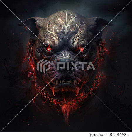 Image of angrya bulldog demon and flames on dark background. Pet. Animals. Illustration, Generative AI. 106444925