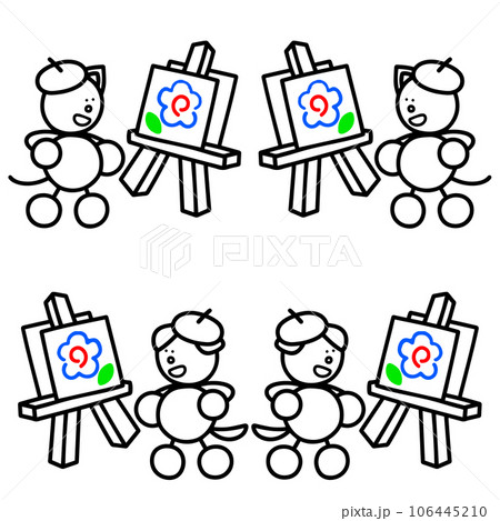 キャンバスに絵を描くわんまるとにゃんまるの線画セット　犬　猫 106445210