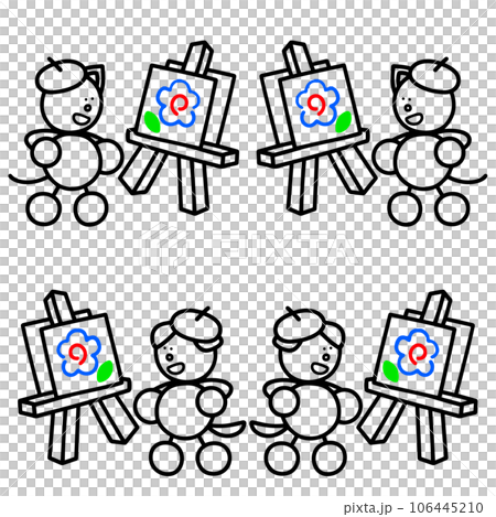キャンバスに絵を描くわんまるとにゃんまるの線画セット　犬　猫 106445210
