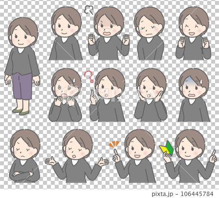 Young woman's facial expression set (diagonal orientation, casual clothes) 106445784