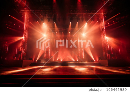 Rock concert stage light background with spotlight illuminated the stage for night music festival. Performance event stage. Empty stage with dramatic red colors. Entertainment show. Generative AI. 106445989
