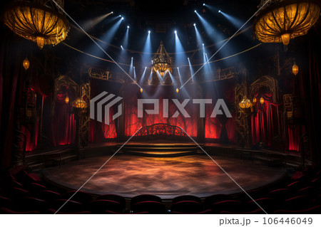 Theater stage light background with spotlight illuminated the stage for opera performance. Empty stage with warm ambiance colors backdrop decoration. Stage curtain. Entertainment show. Generative AI. 106446049