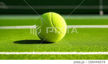 Vibrant Tennis Ball Close-Up on Court Near Net. Generative AI. 106446078