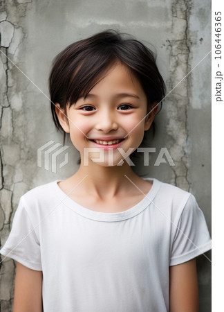 モックアップ用白い無地のTシャツを着ている日本人の子供のポートレート 106446365