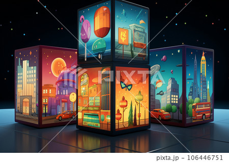 キュービック体に映る街のイラスト 106446751