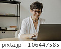 Smiling stylish mature business woman using laptop sitting at workplace desk. 106447585