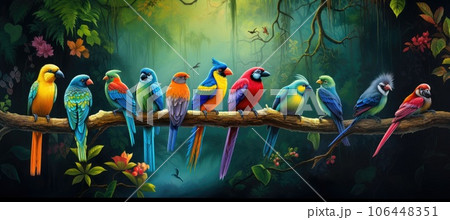 Tropical birds sitting on a tree branch in the rainforest 106448351