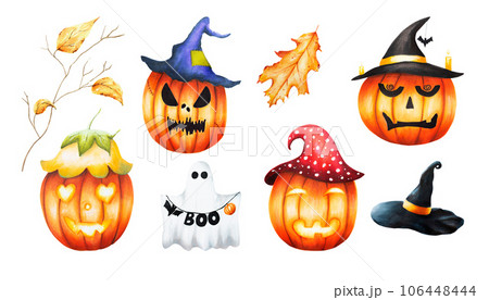 Watercolor halloween pumpkins with hats, cute ghost and autumn branch with foliage. Happy magical hand painting for holiday isolated on white background. For designers, decoration, shop, for Watercolor halloween pumpkins with hats, cute ghost and autumn branch with foliage. Happy magical hand painting for holiday isolated on white background. For designers, decoration, shop, for 106448444