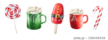 Watercolor Christmas sweet illustrations. New year hand painting isolated ice cream, cups of hot drink with marshmallows and candy canes on white background. For designers, food decoration, menu, Watercolor Christmas sweet illustrations. New year hand painting isolated ice cream, cups of hot drink with marshmallows and candy canes on white background. For designers, food decoration, menu, 106448456