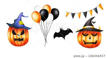 Watercolor Halloween set with bunch of balls illustrations, pumpkins with hats, bat and festive flags. Hand painting orange, black, white balloon sketch isolated on white background. For designers, Watercolor Halloween set with bunch of balls illustrations, pumpkins with hats, bat and festive flags. Hand painting orange, black, white balloon sketch isolated on white background. For designers, 106448457