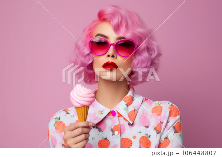 Beautiful woman with vivid makeup holding an ice cream. Fashion model. Pink color palette 106448807