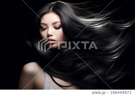 Beautiful Asian model girl with shiny black and straight long hair. Keratin straightening. Treatment, care and spa procedures for haired Beautiful Asian model girl with shiny black and straight long hair. Keratin straightening. Treatment, care and spa procedures for haired 106448971