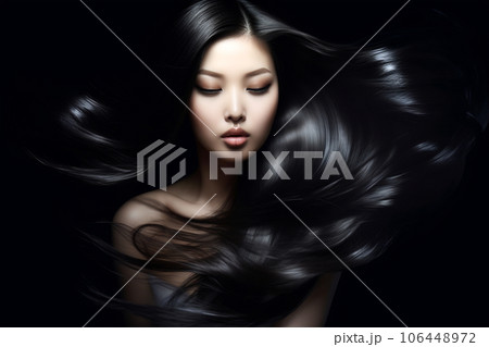 Beautiful Asian model girl with shiny black and straight long hair. Keratin straightening. Treatment, care and spa procedures for haired Beautiful Asian model girl with shiny black and straight long hair. Keratin straightening. Treatment, care and spa procedures for haired 106448972