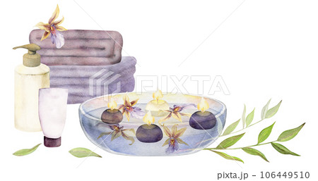Hand drawn watercolor spa and bath beauty products accessories floating candles. Horizontal composition. Isolated on white background. Design for wellness resort, print, fabric, cover, card, booklet. 106449510