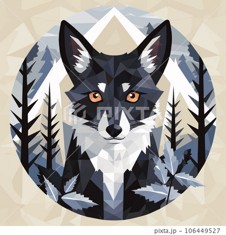 Close-up portrait of a magnificent gray fox with big ears in the winter forest. Vector illustration of a beautiful wild animal looking at you Close-up portrait of a magnificent gray fox with big ears in the winter forest. Vector illustration of a beautiful wild animal looking at you 106449527