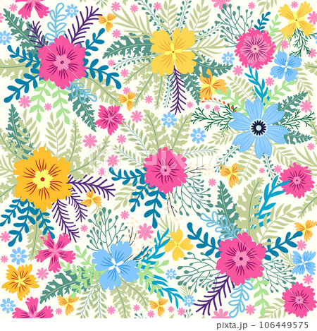 Fairy meadow with flowers seamless pattern. Cute feminine design 106449575