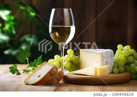Wineglass with dry white wine, fresh grape vine, cut cheese head, sliced bread on wooden background, selected focus. Wineglass with dry white wine, fresh grape vine, cut cheese head, sliced bread on wooden background, selected focus. 106449828