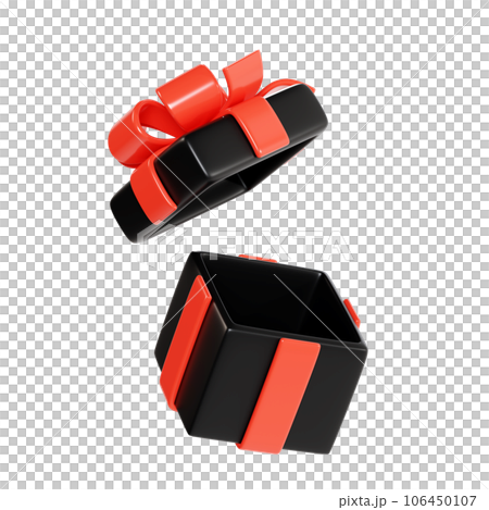 Open black gift box with glossy red ribbon and bow 3d render illustration. Empty present package for black friday sale or bonus concept. Surprise pack - advertising or discount promo design element. 106450107