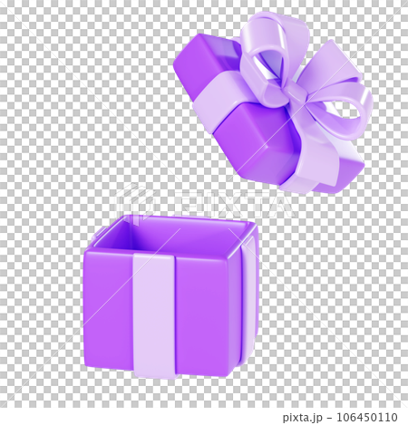 Open purple gift box 3d render illustration - surprise pack with glossy ribbon and bow and flying cap. Reward or winner design element, birthday and Christmas open empty prize package. Open purple gift box 3d render illustration - surprise pack with glossy ribbon and bow and flying cap. Reward or winner design element, birthday and Christmas open empty prize package. 106450110