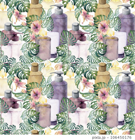 Hand drawn watercolor spa skincare bath beauty bottle and candles products package. Seamless pattern isolated on white background. For wall art, wellness resort, print, fabric, cover, card, booklet. Hand drawn watercolor spa skincare bath beauty bottle and candles products package. Seamless pattern isolated on white background. For wall art, wellness resort, print, fabric, cover, card, booklet. 106450176