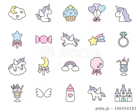 かわいいユニコーンとお城や星や月などのガーリーアイコンセット 106450191