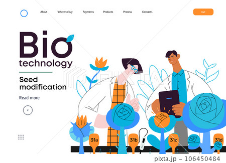 Bio Technology, Seed Modification -modern flat vector concept illustration of scientists analysing genetic modificated variants of a plant. Metaphor of direct impact of GMO on vegetation 106450484