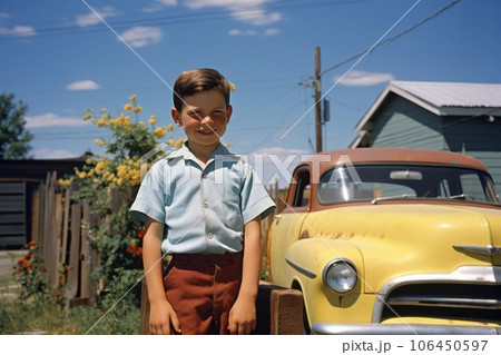 a boy standing in front of a yellow car, restored 1960s historical photo, generative ai 106450597