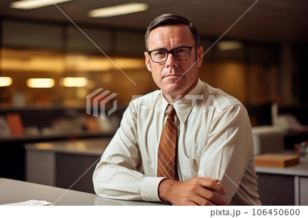 a 1964 man wearing glasses sits at a desk in an office, restored historical photo, generative ai 106450600