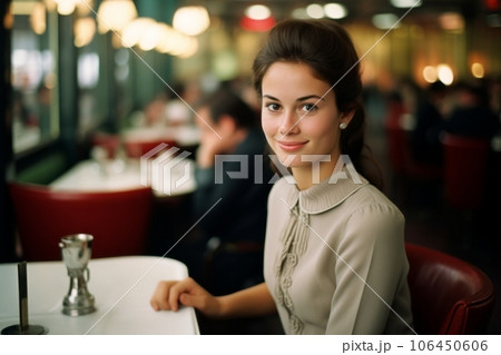 a woman sitting at a table in a restaurant, restored 1963 historical photo, generative ai 106450606