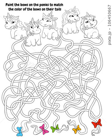 Children logic game to pass maze. Ponies with long, tangled tails Children logic game to pass maze. Ponies with long, tangled tails 106450667