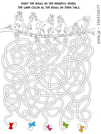 Children logic game to pass maze. Funny monkeys with long tails sitting on a tree branch 106450677