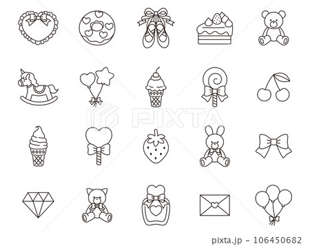 うさぎとくまと猫のぬいぐるみと風船などのかわいい線画アイコンセット うさぎとくまと猫のぬいぐるみと風船などのかわいい線画アイコンセット 106450682