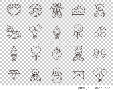 うさぎとくまと猫のぬいぐるみと風船などのかわいい線画アイコンセット うさぎとくまと猫のぬいぐるみと風船などのかわいい線画アイコンセット 106450682