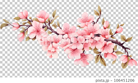 Pink cherry blossoms and leaves bouquet. Watercolor painted floral arrangement isolated on transparent background. Generative AI Pink cherry blossoms and leaves bouquet. Watercolor painted floral arrangement isolated on transparent background. Generative AI 106451206
