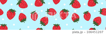 Seamless vector pattern with red strawberries on a blue background with spots in a flat style. Seamless vector pattern with red strawberries on a blue background with spots in a flat style. 106451207