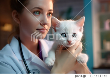Caucasian veterinary doctor checks the health of a little kitten. 106451236
