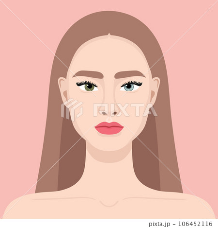 Young woman with a heterochromia. Woman with different colored eyes. Eyes of different colors. Blue and green eye. Vector illustration Young woman with a heterochromia. Woman with different colored eyes. Eyes of different colors. Blue and green eye. Vector illustration 106452116